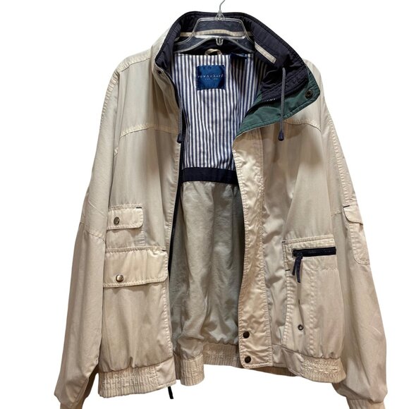 Men’s VTG Towncraft XL Beige Bomber Jacket Elastic Hem Multiple Pockets Hood - Picture 4 of 12